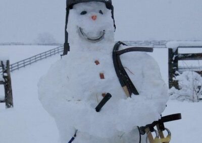 Snow man with horse halter and crop.